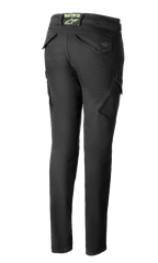 Alpinestars Caliber Tech Riding Denim voor dames in antraciet, achteraanzicht, slim fit combat-stijl broek met functionele cargozakken en een limoengroen astars-logo op de achterkant van de taille.