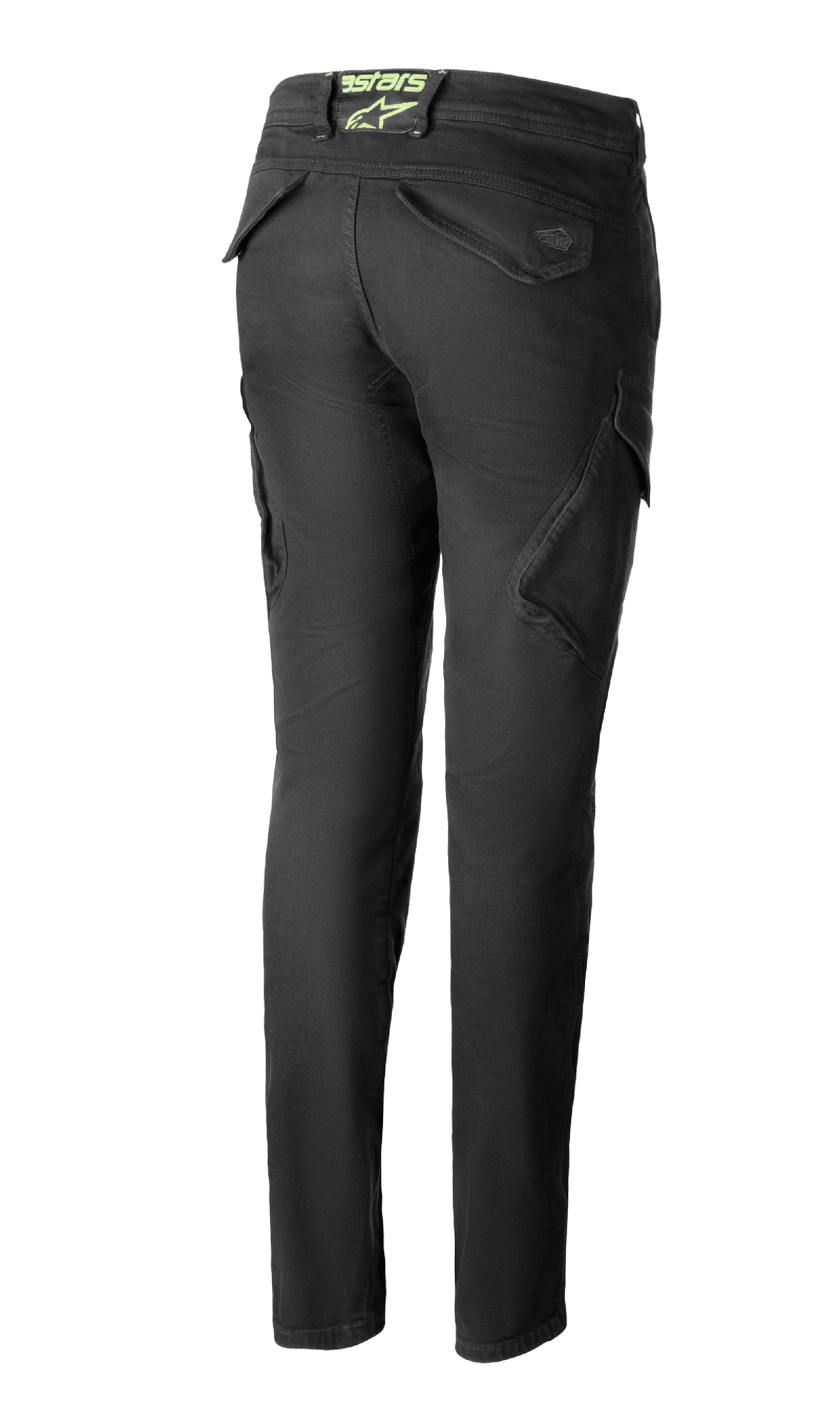 Alpinestars Caliber Tech Riding Denim voor dames in antraciet, achteraanzicht, slim fit combat-stijl broek met functionele cargozakken en een limoengroen astars-logo op de achterkant van de taille.