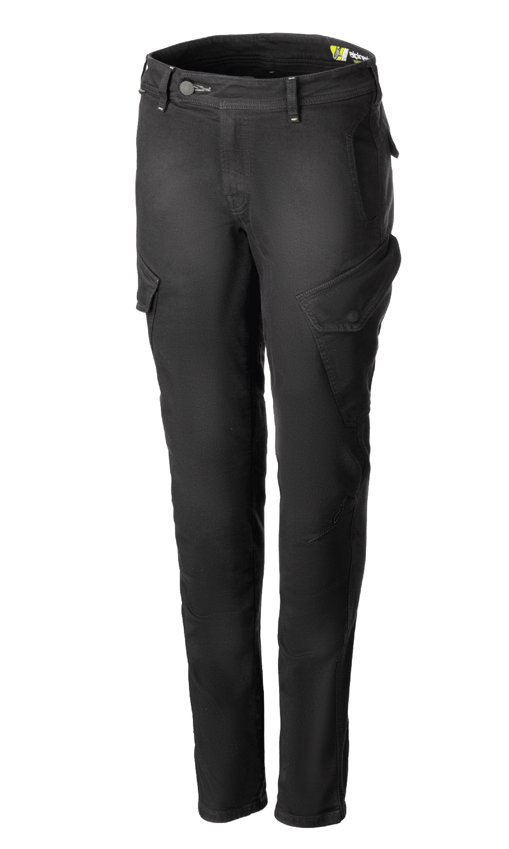 Alpinestars Caliber Women's Tech Riding Denim, antracietgrijze motorbroek in cargostijl, slim-fit silhouet met schuine zijzakken met klep, riemlussen en knoop- en ritssluiting, duurzaam stretch Cordura-denim, stedelijke beschermende motorkleding