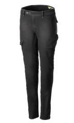 Alpinestars Caliber Women's Tech Riding Denim, antracietgrijze motorbroek in cargostijl, slim-fit silhouet met schuine zijzakken met klep, riemlussen en knoop- en ritssluiting, duurzaam stretch Cordura-denim, stedelijke beschermende motorkleding