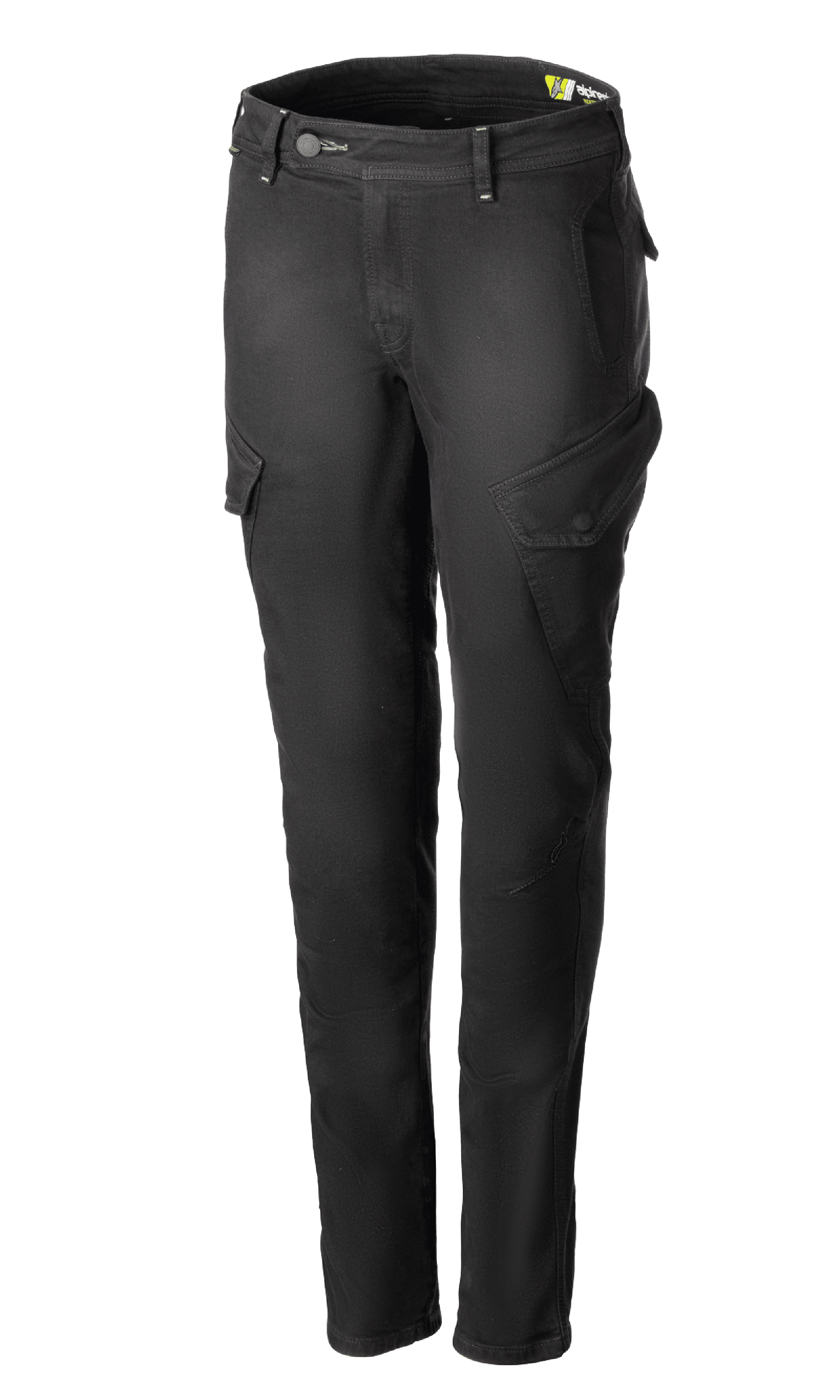 Alpinestars Caliber Women's Tech Riding Denim, antracietgrijze motorbroek in cargostijl, slim-fit silhouet met schuine zijzakken met klep, riemlussen en knoop- en ritssluiting, duurzaam stretch Cordura-denim, stedelijke beschermende motorkleding