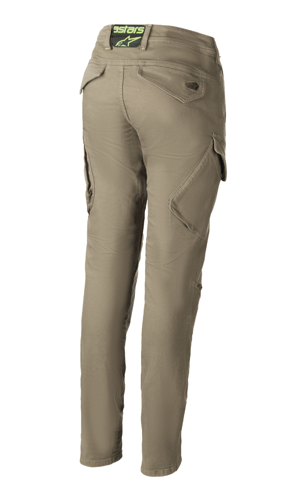 Alpinestars Caliber Tech Riding Denim voor dames, Military Green motorbroek, achteraanzicht met een slim fit combat-ontwerp en schuine cargozakken, Astars-logo op de achterste tailleband, duurzame Cordura-stof.