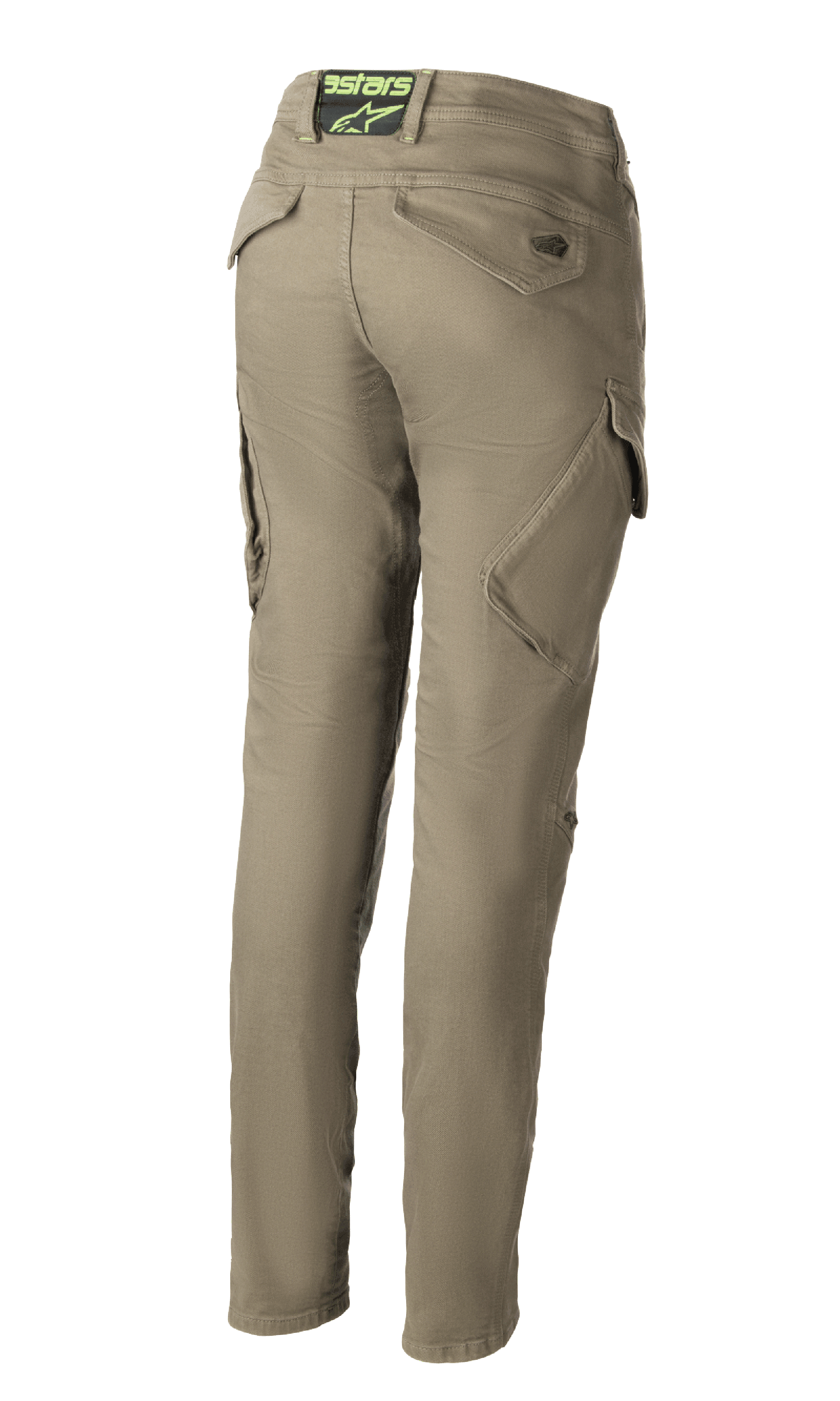Alpinestars Caliber Tech Riding Denim voor dames, Military Green motorbroek, achteraanzicht met een slim fit combat-ontwerp en schuine cargozakken, Astars-logo op de achterste tailleband, duurzame Cordura-stof.