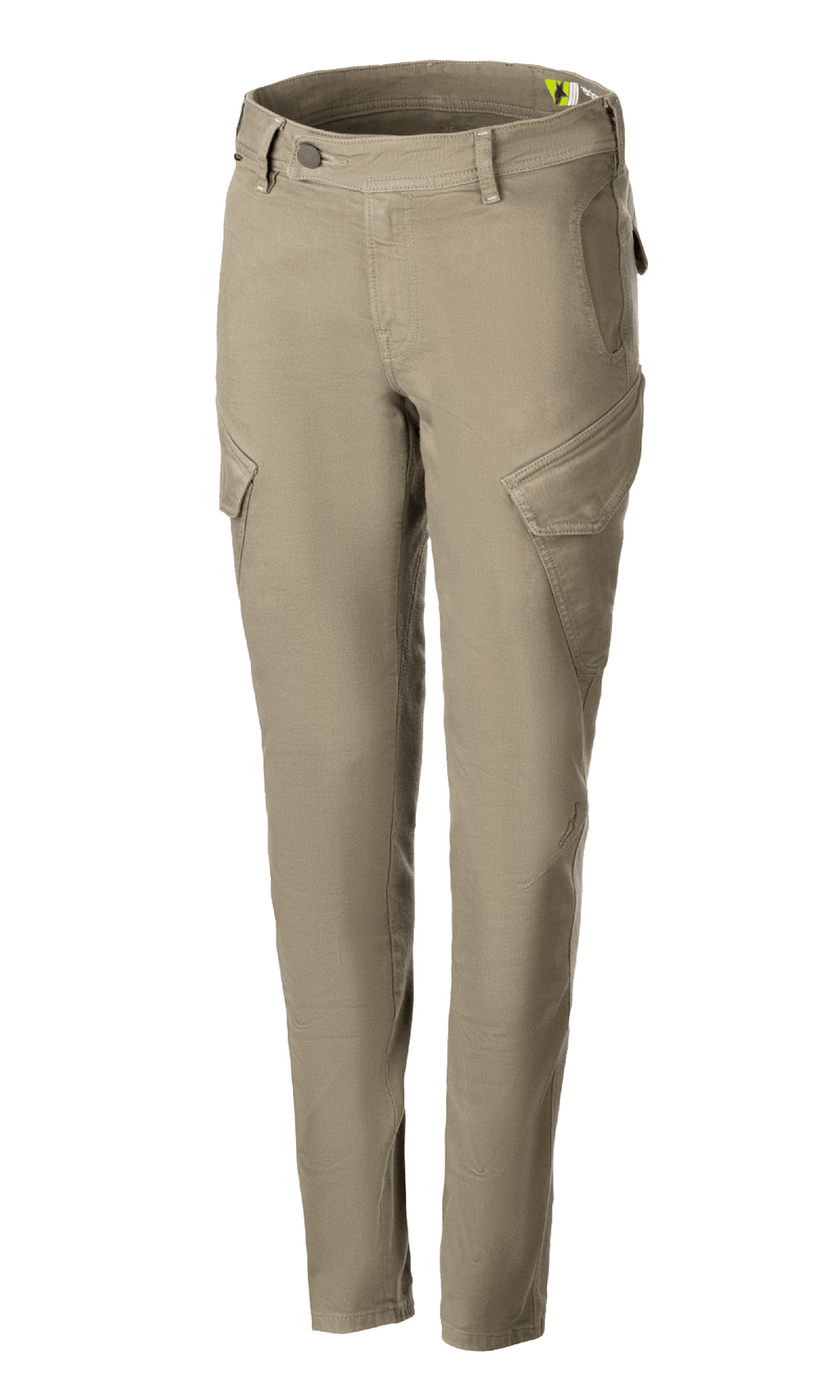 Alpinestars Caliber Women's Tech Riding Denim, dames motorbroek, military green, combat-stijl met schuine cargozakken, slim tapered fit, riemlussen, knoop- en ritssluiting, duurzame stretch Cordura-stof voor stedelijk rijden