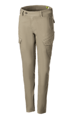 Alpinestars Caliber Women's Tech Riding Denim, dames motorbroek, military green, combat-stijl met schuine cargozakken, slim tapered fit, riemlussen, knoop- en ritssluiting, duurzame stretch Cordura-stof voor stedelijk rijden