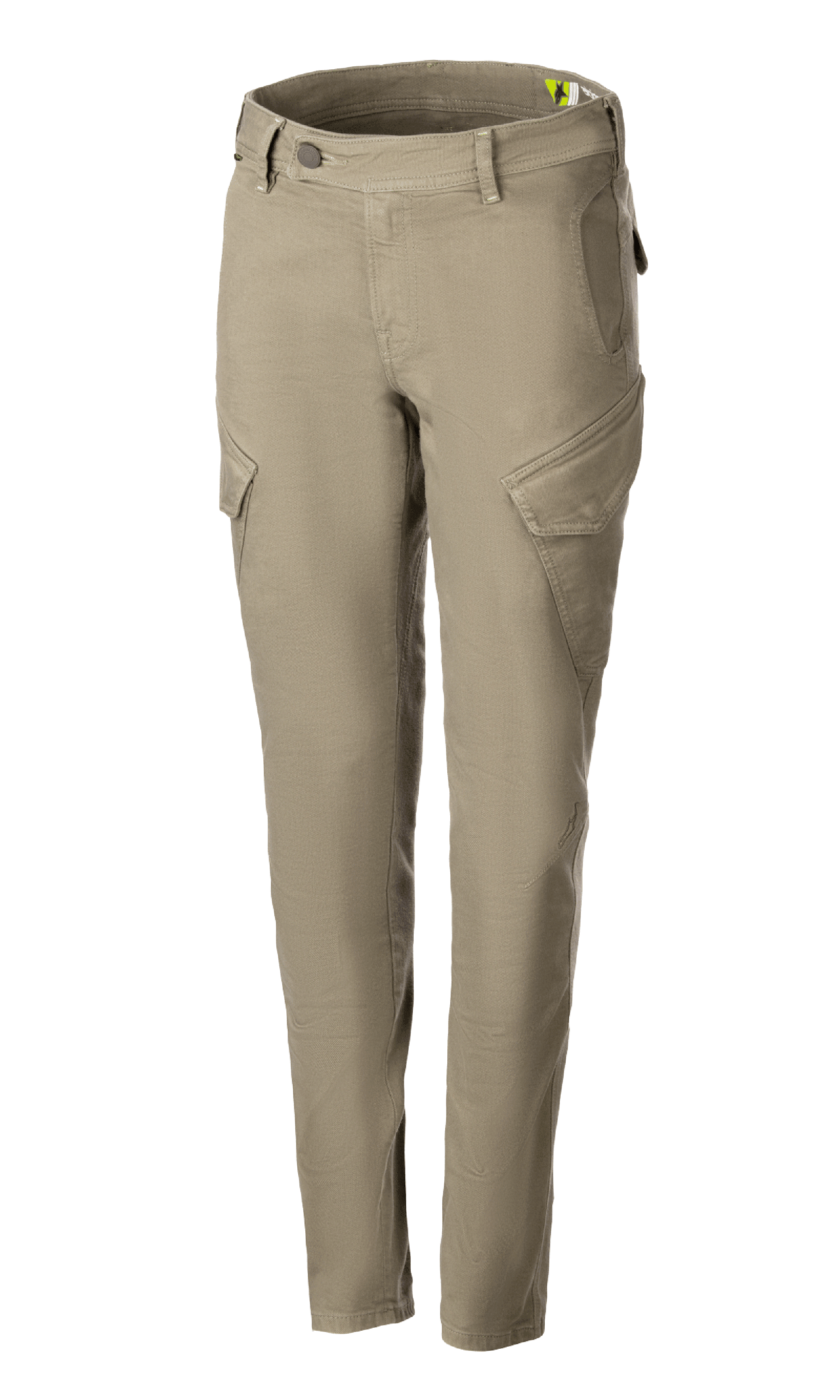 Alpinestars Caliber Women's Tech Riding Denim, dames motorbroek, military green, combat-stijl met schuine cargozakken, slim tapered fit, riemlussen, knoop- en ritssluiting, duurzame stretch Cordura-stof voor stedelijk rijden