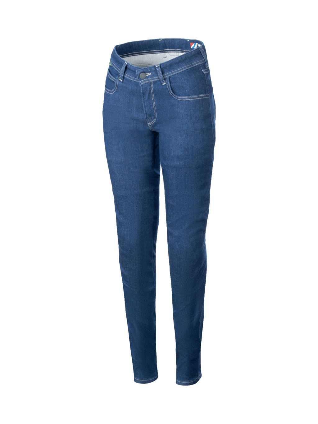 Alpinestars Daisy V3 Women's Riding Denim, slim fit blue urban motorcycle pants with stretch cotton and CE certified armor.