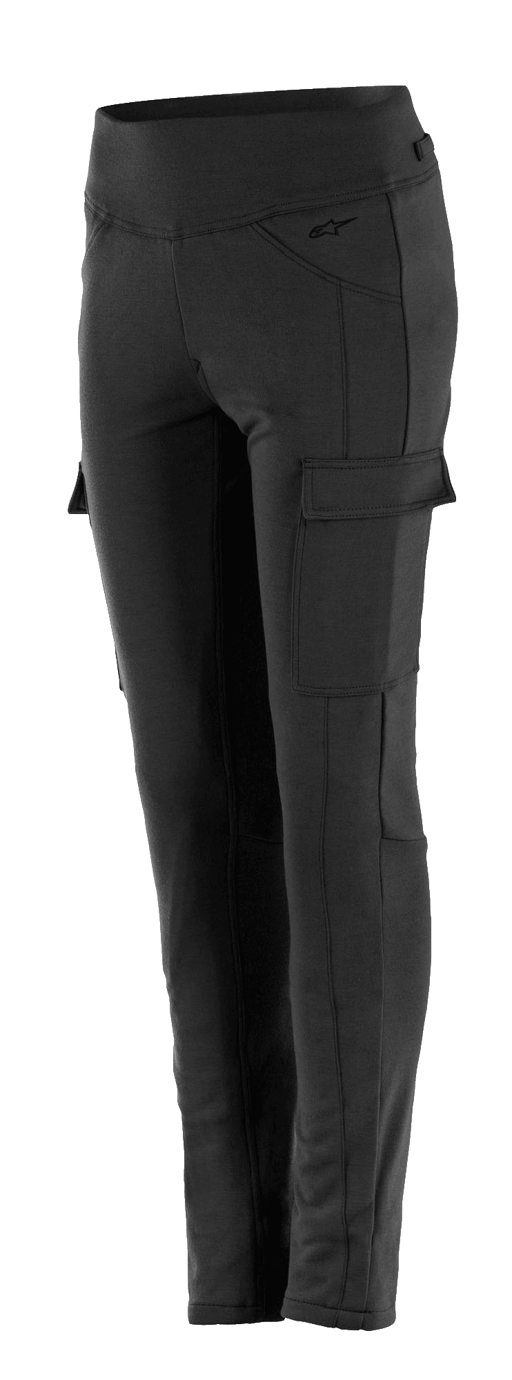 Alpinestars Women's Iria Leggings, zwarte motorrijlegging, slim-fit met hoge taille, voorzien van een cargozak aan de zijkant met klepsluiting, subtiel logo op de heup, duurzame textielconstructie voor stedelijk rijden