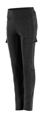 Alpinestars Women's Iria Leggings, zwarte motorrijlegging, slim-fit met hoge taille, voorzien van een cargozak aan de zijkant met klepsluiting, subtiel logo op de heup, duurzame textielconstructie voor stedelijk rijden