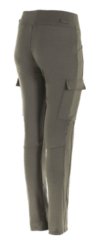 Alpinestars Iria dames leggings, Military Green, driekwart achteraanzicht, voorzien van een cargozak op de dij met klepsluiting, slim-fit ontwerp met anatomische profilering, textielconstructie voor stedelijk motorrijden