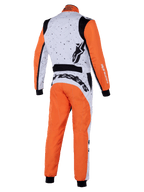 Alpinestars KMX-9 V3 Graphic 6 Suit, karting suit, White Orange Black, back view showing speckled graphic on white upper section, orange sleeves and legs, black stretch panels, and prominent Alpinestars branding.