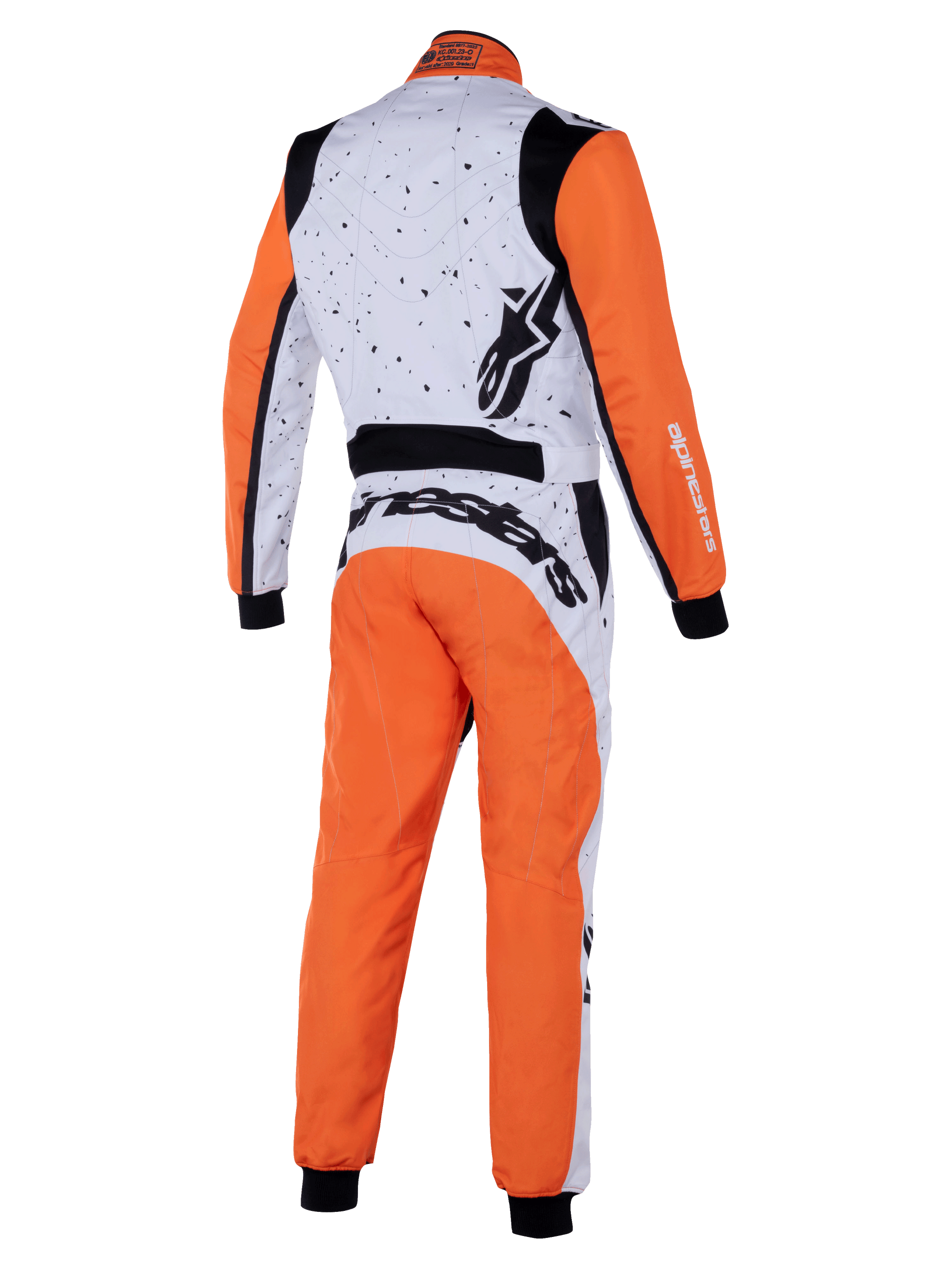 Alpinestars KMX-9 V3 Graphic 6 Suit, karting suit, White Orange Black, back view showing speckled graphic on white upper section, orange sleeves and legs, black stretch panels, and prominent Alpinestars branding.