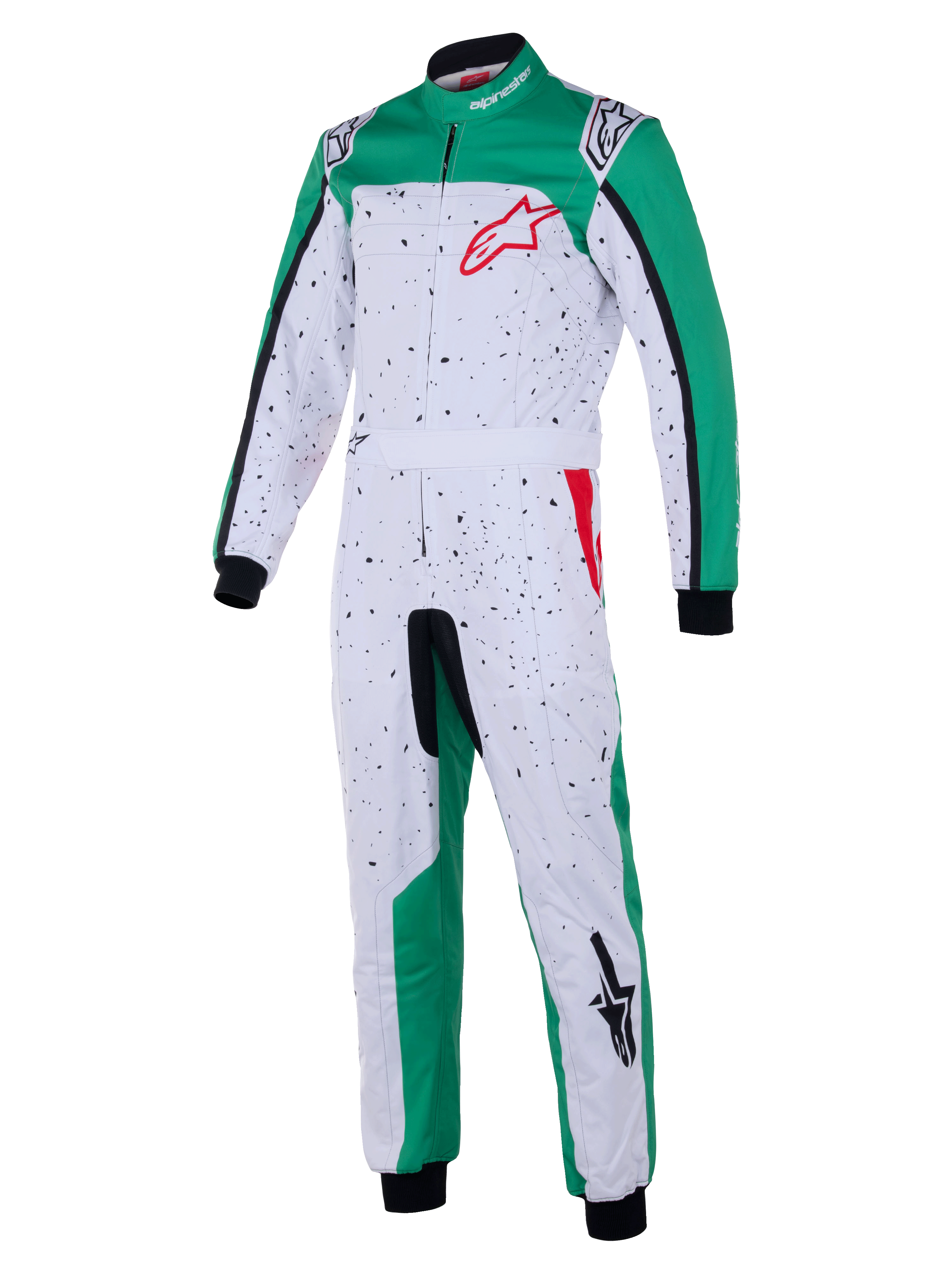 Alpinestars KMX-9 V3 Graphic 6 Suit, Karting Suit, White Green and Red, white body with black speckled graphic, green side panels on legs and shoulders, red Alpinestars logo on chest, black wrist and ankle cuffs