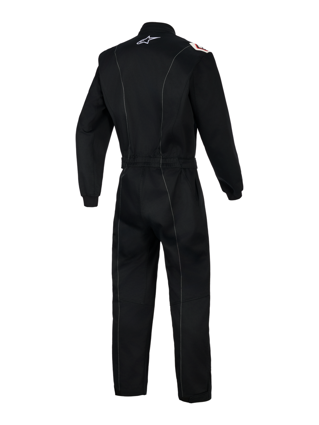 Alpinestars Kart Indoor V2-pak, eendelig kartpak, zwart, achteraanzicht met witte contraststiksels, elastische tailleband en wit Alpinestars-logo op de kraag, ergonomisch ontwerp voor indoor kartsessies