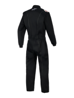 Alpinestars Kart Indoor V2-pak, eendelig kartpak, zwart, achteraanzicht met witte contraststiksels, elastische tailleband en wit Alpinestars-logo op de kraag, ergonomisch ontwerp voor indoor kartsessies