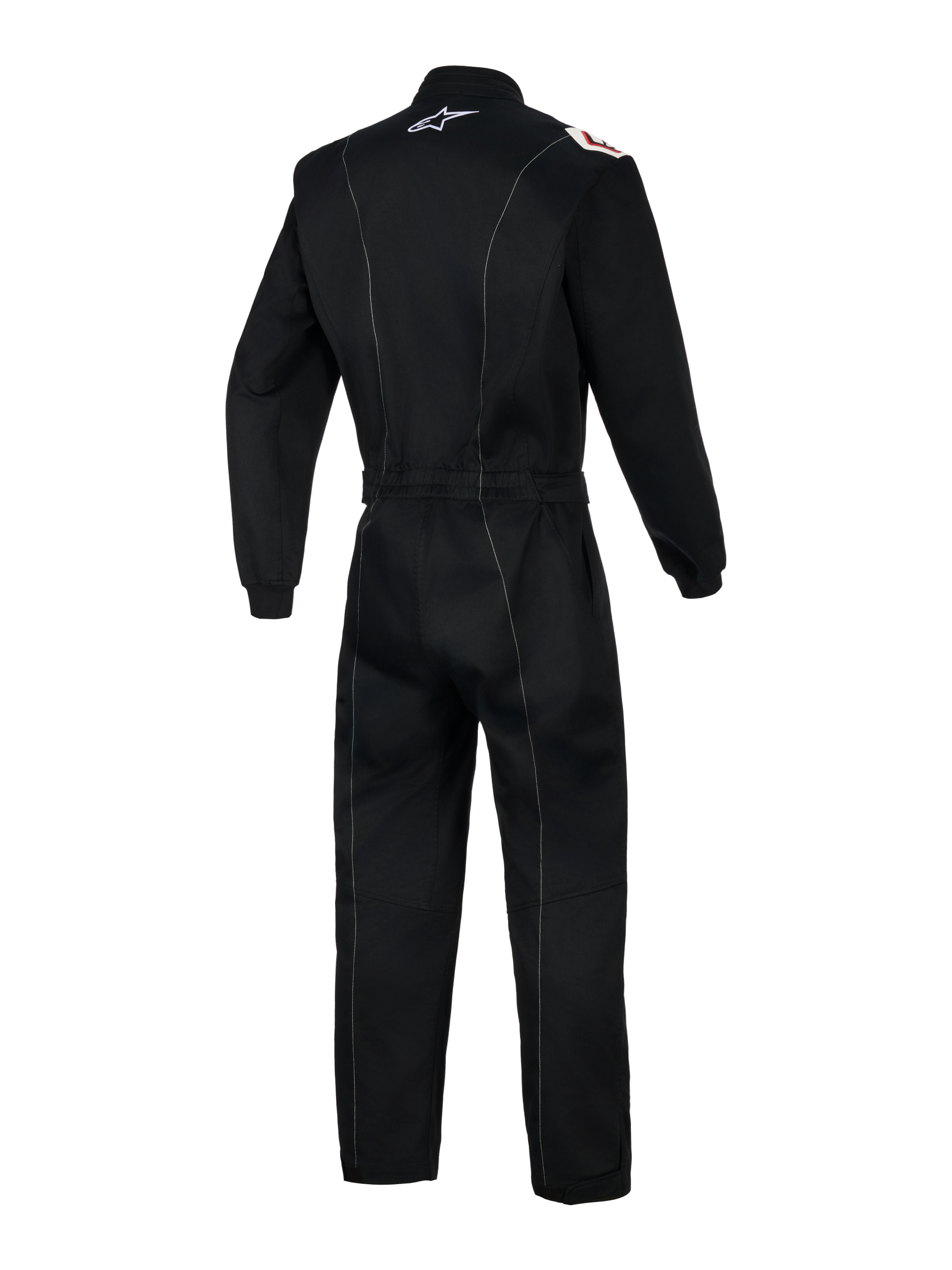 Alpinestars Kart Indoor V2-pak, eendelig kartpak, zwart, achteraanzicht met witte contraststiksels, elastische tailleband en wit Alpinestars-logo op de kraag, ergonomisch ontwerp voor indoor kartsessies