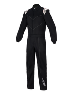 Alpinestars Kart Indoor V2 Suit, zwart kartpak, eendelig ontwerp met witte Alpinestars-logo's op de schouders en het onderbeen, V-vormige stiksels op de borst, elastische tailleband, gebreide polsboorden, duurzame poly-katoen keperstof voor recreatief gebruik op het circuit