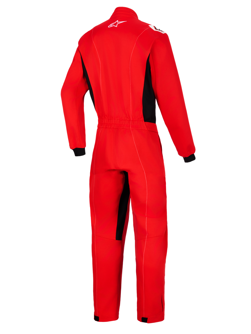 Alpinestars Kart Indoor V2 Suit, rood, achteraanzicht van een eendelig kartpak met zwarte zijpanelen en accenten aan de binnenzijde van de benen, voorzien van een wit Astars-logo in de nek en een elastische tailleband.