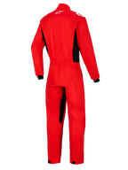 Alpinestars Kart Indoor V2 Suit, rood, achteraanzicht van een eendelig kartpak met zwarte zijpanelen en accenten aan de binnenzijde van de benen, voorzien van een wit Astars-logo in de nek en een elastische tailleband.