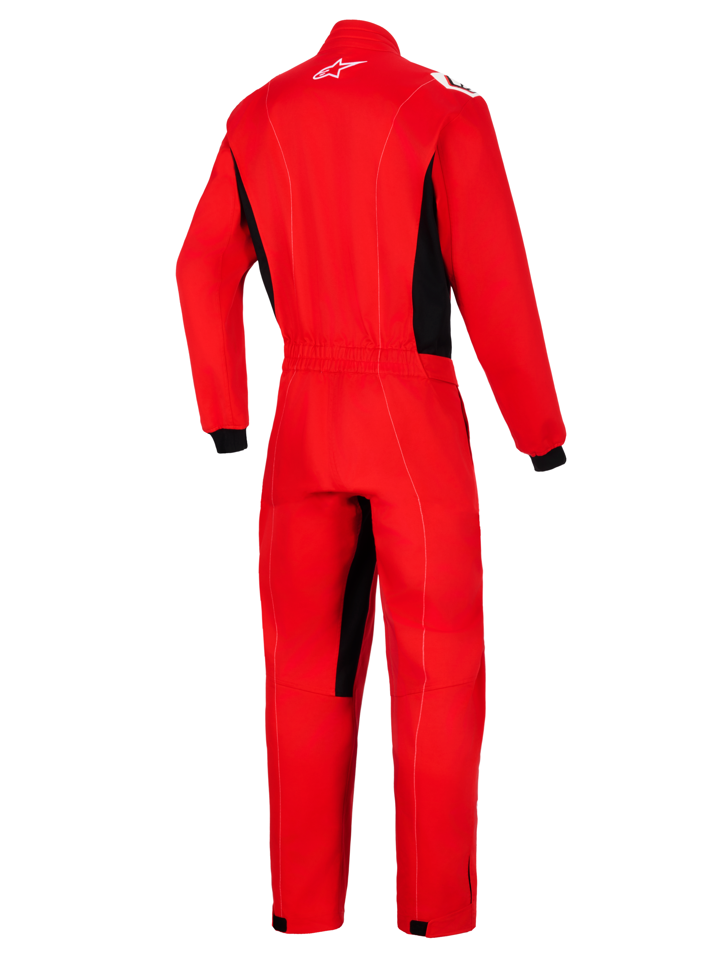 Alpinestars Kart Indoor V2 Suit, rood, achteraanzicht van een eendelig kartpak met zwarte zijpanelen en accenten aan de binnenzijde van de benen, voorzien van een wit Astars-logo in de nek en een elastische tailleband.