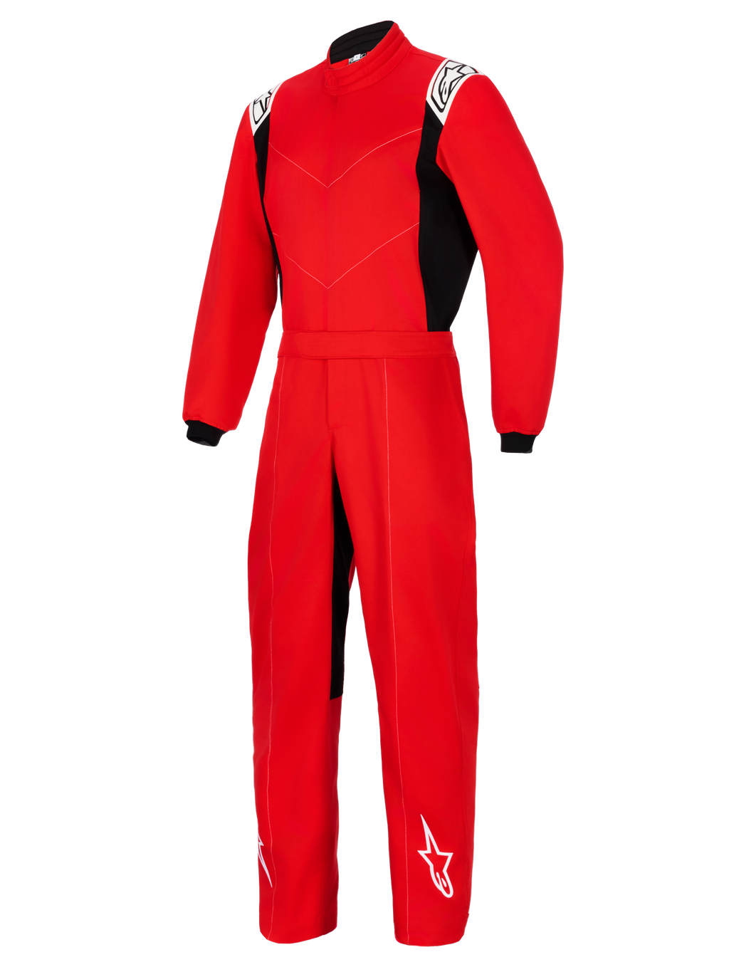 Alpinestars Kart Indoor V2 Suit, rood eendelig kartpak met zwarte zijpanelen, witte logo's op de schouders en het onderbeen, voorzien van een hoge kraag en elastische tailleband, ontworpen voor recreatief karten.