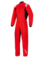 Alpinestars Kart Indoor V2 Suit, rood eendelig kartpak met zwarte zijpanelen, witte logo's op de schouders en het onderbeen, voorzien van een hoge kraag en elastische tailleband, ontworpen voor recreatief karten.