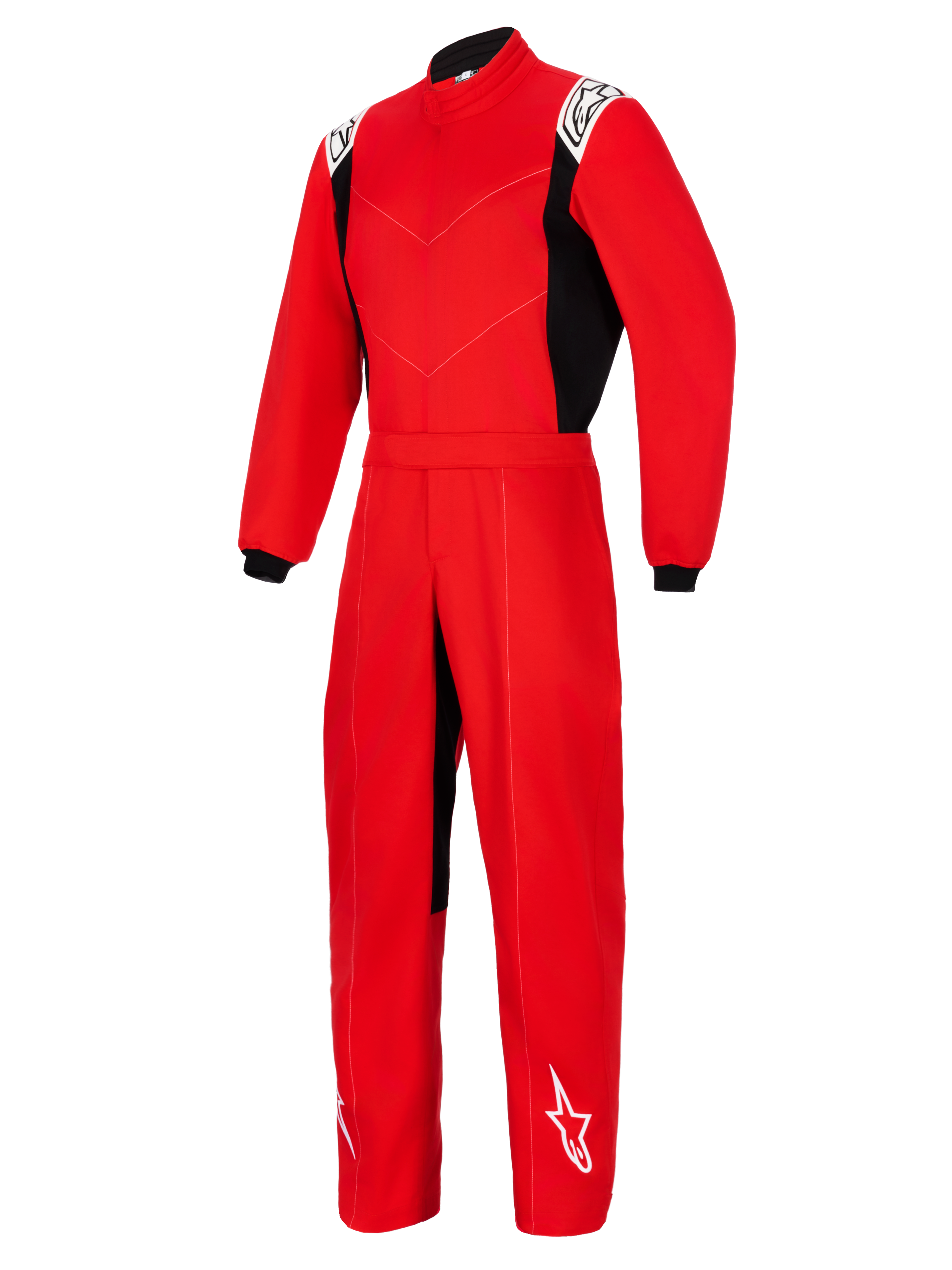Alpinestars Kart Indoor V2 Suit, rood eendelig kartpak met zwarte zijpanelen, witte logo's op de schouders en het onderbeen, voorzien van een hoge kraag en elastische tailleband, ontworpen voor recreatief karten.