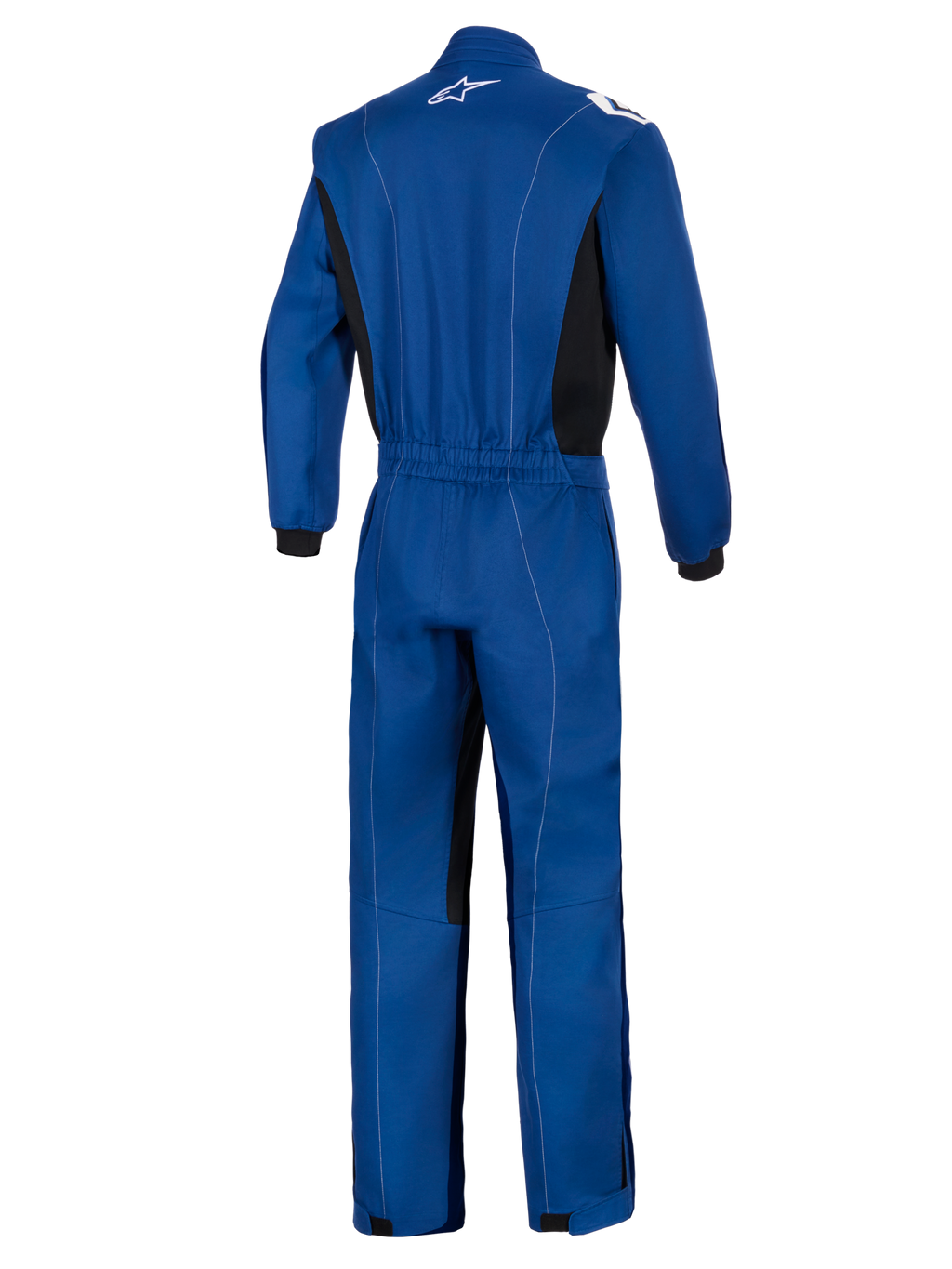 Alpinestars Kart Indoor V2-pak, blauw, achteraanzicht van een enkellaags kartracepak, voorzien van een elastische tailleband, zwarte zijpanelen, witte contraststiksels en een wit Alpinestars-logo op de kraag.