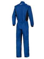 Alpinestars Kart Indoor V2-pak, blauw, achteraanzicht van een enkellaags kartracepak, voorzien van een elastische tailleband, zwarte zijpanelen, witte contraststiksels en een wit Alpinestars-logo op de kraag.