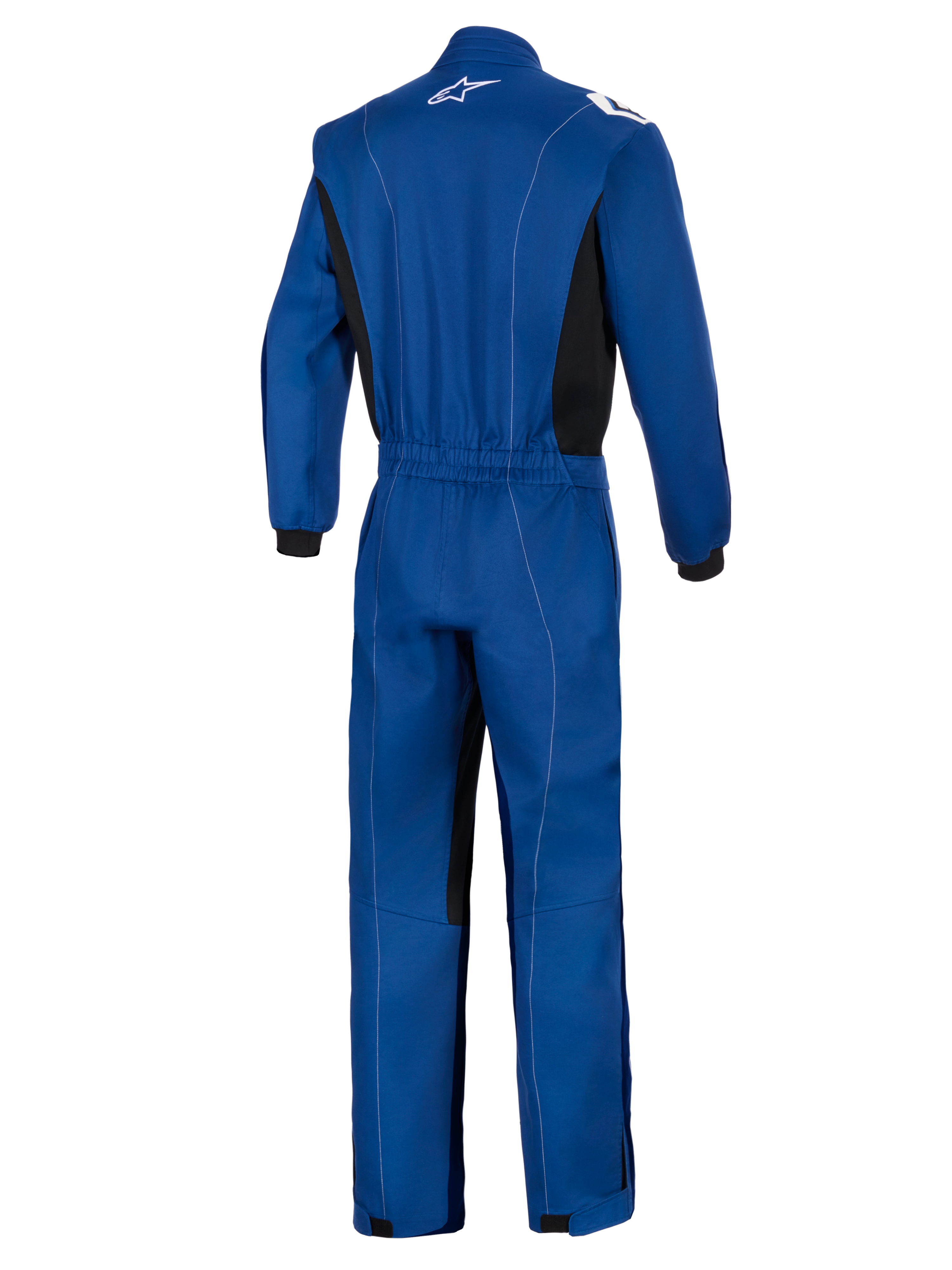 Alpinestars Kart Indoor V2-pak, blauw, achteraanzicht van een enkellaags kartracepak, voorzien van een elastische tailleband, zwarte zijpanelen, witte contraststiksels en een wit Alpinestars-logo op de kraag.