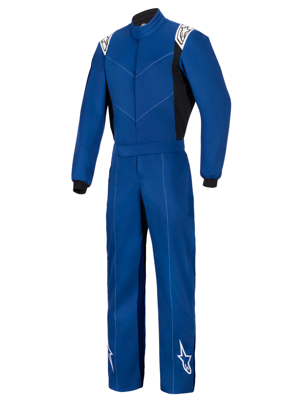Alpinestars Kart Indoor V2-pak, blauw, eendelig kartpak, voorzien van witte Alpinestars-logo's op de schouders en onderbenen, zwarte zijpanelen en polsboorden, duurzame enkellaagse poly-katoen keperconstructie voor recreatief racen