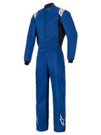 Alpinestars Kart Indoor V2-pak, blauw, eendelig kartpak, voorzien van witte Alpinestars-logo's op de schouders en onderbenen, zwarte zijpanelen en polsboorden, duurzame enkellaagse poly-katoen keperconstructie voor recreatief racen