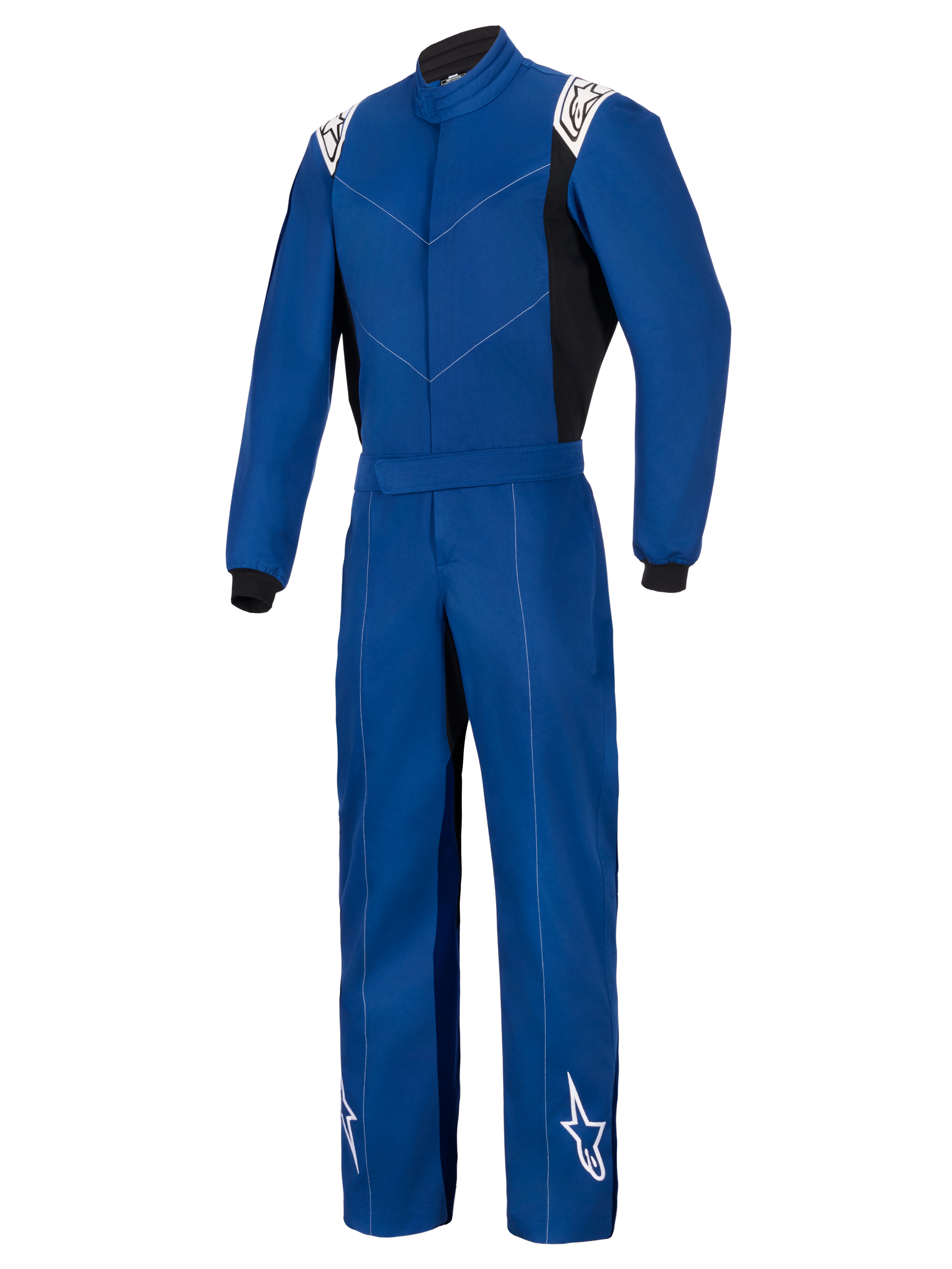 Alpinestars Kart Indoor V2-pak, blauw, eendelig kartpak, voorzien van witte Alpinestars-logo's op de schouders en onderbenen, zwarte zijpanelen en polsboorden, duurzame enkellaagse poly-katoen keperconstructie voor recreatief racen