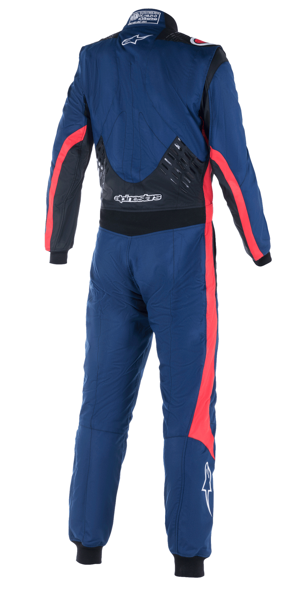 Alpinestars GP Pro Comp V2 FIA Pak, achteraanzicht van een eendelig autoracepak, marineblauw met zwarte en rode accenten, voorzien van siliconen grippanelen op de onderrug, rode racestrepen op de mouwen en pijpen, witte Alpinestars-branding, professionele race-uitrusting