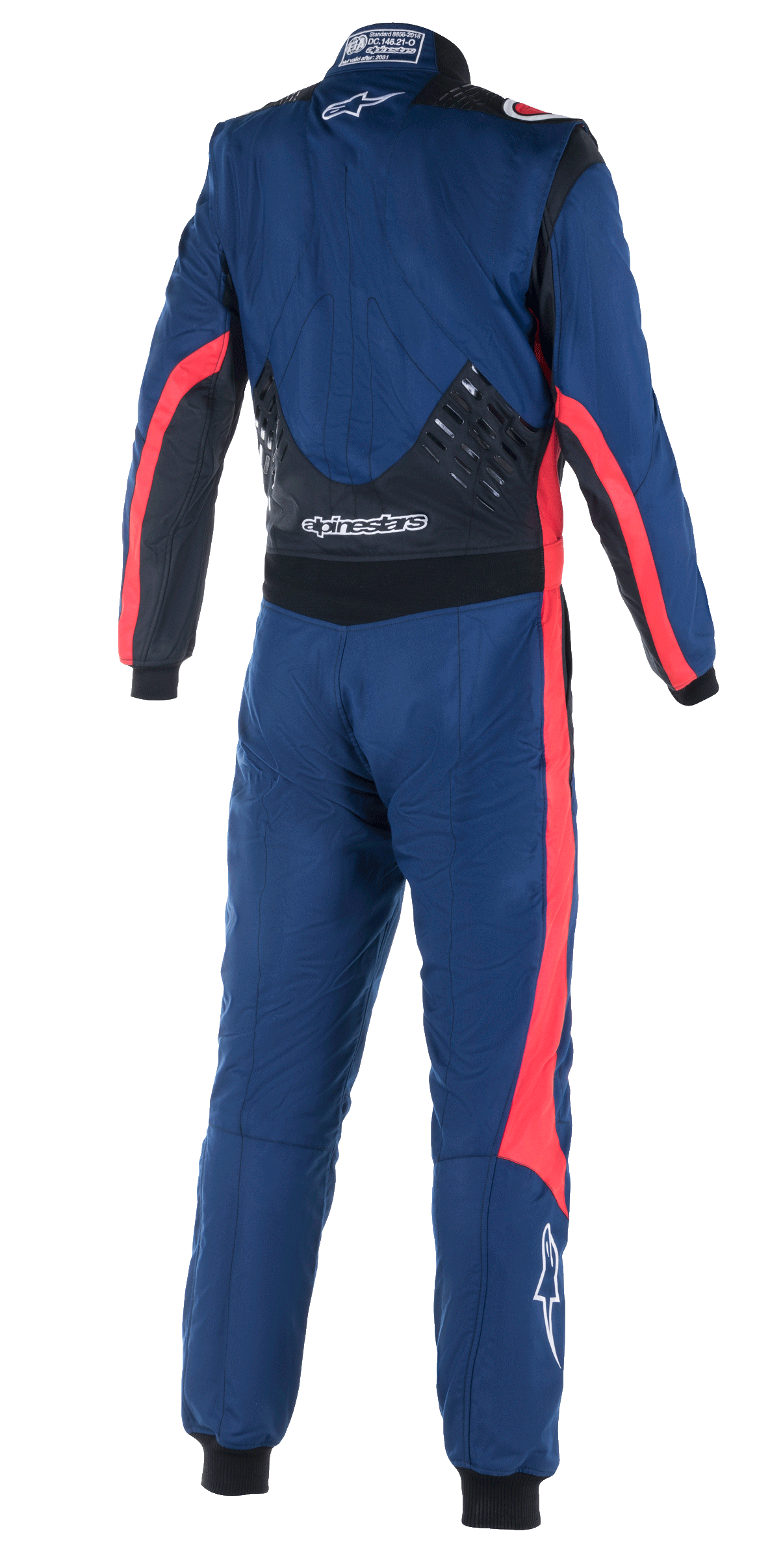 Alpinestars GP Pro Comp V2 FIA Pak, achteraanzicht van een eendelig autoracepak, marineblauw met zwarte en rode accenten, voorzien van siliconen grippanelen op de onderrug, rode racestrepen op de mouwen en pijpen, witte Alpinestars-branding, professionele race-uitrusting