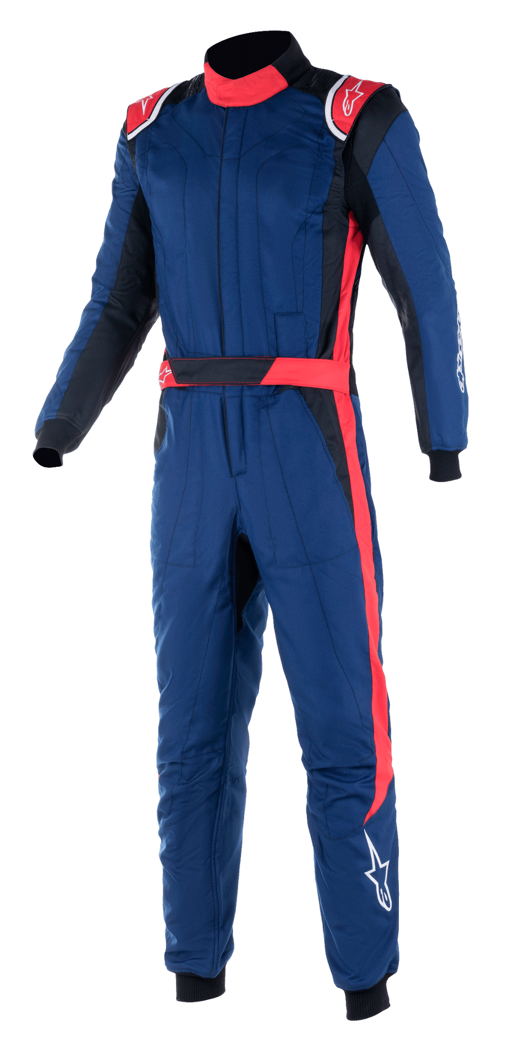 Alpinestars GP Pro Comp V2 FIA racepak, professionele eendelige autoracing overall, marineblauw met rode en zwarte accenten, voorzien van rode schouderepauletten, een hoge kraag en een rode streep langs de broekspijp, motorsport beschermingsuitrusting