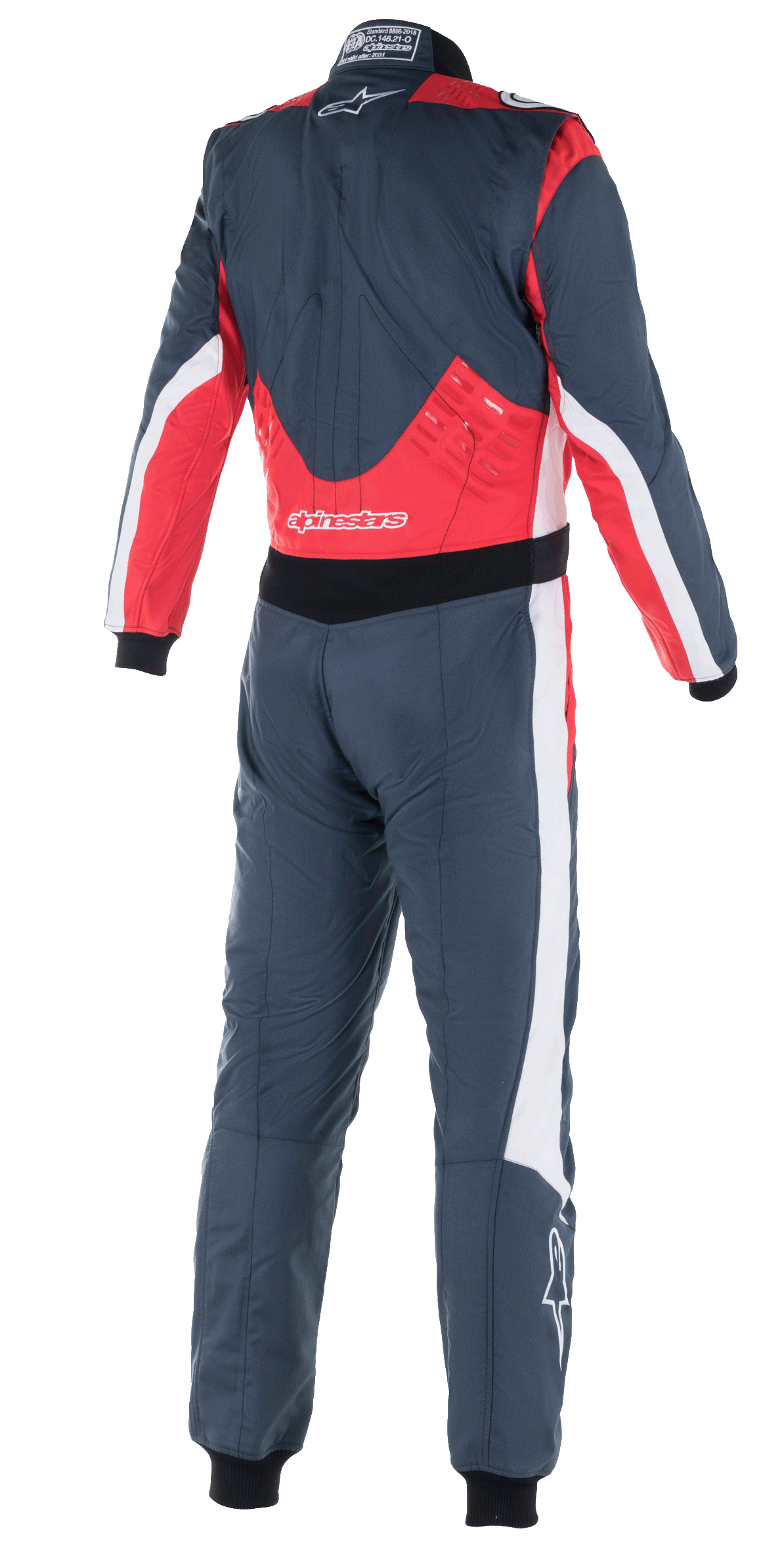 Alpinestars GP Pro Comp V2 FIA Pak, autoracepak, Asfalt Rood en Wit, achteraanzicht met rode panelen op de onderrug en schouders, witte accenten aan de zijkanten en Alpinestars-logo