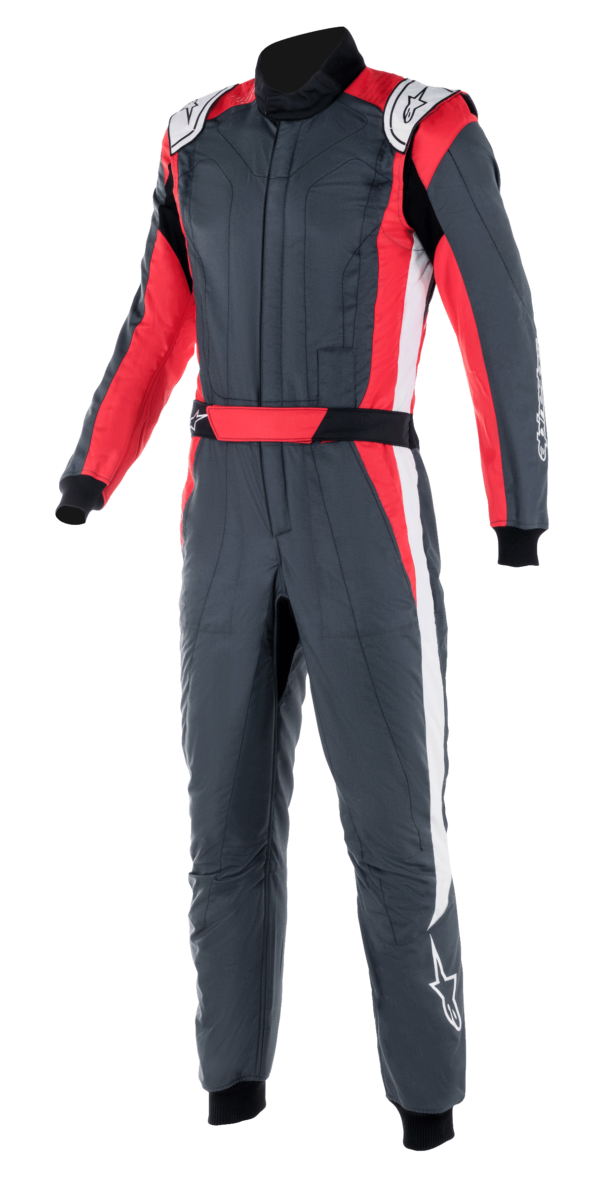 Alpinestars GP Pro Comp V2 FIA pak, autoracingpak, asfaltgrijs met rode en witte accenten, voorzien van een hoge kraag, geïntegreerde rode tailleriem en witte zijstrepen, professionele beschermende motorsportuitrusting