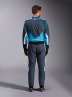 Alpinestars GP Pro Comp V2 FIA heren-autoracepak, grijs en cyaanblauw, achteraanzicht, professionele racebescherming.