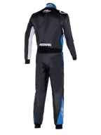 Alpinestars Atom Graphic 4 Suit, full-body back view of auto racing suit, Black with silver and blue accents, featuring white ASTARS branding on the waist and blue panels on legs, professional FIA-certified motorsport protective clothing