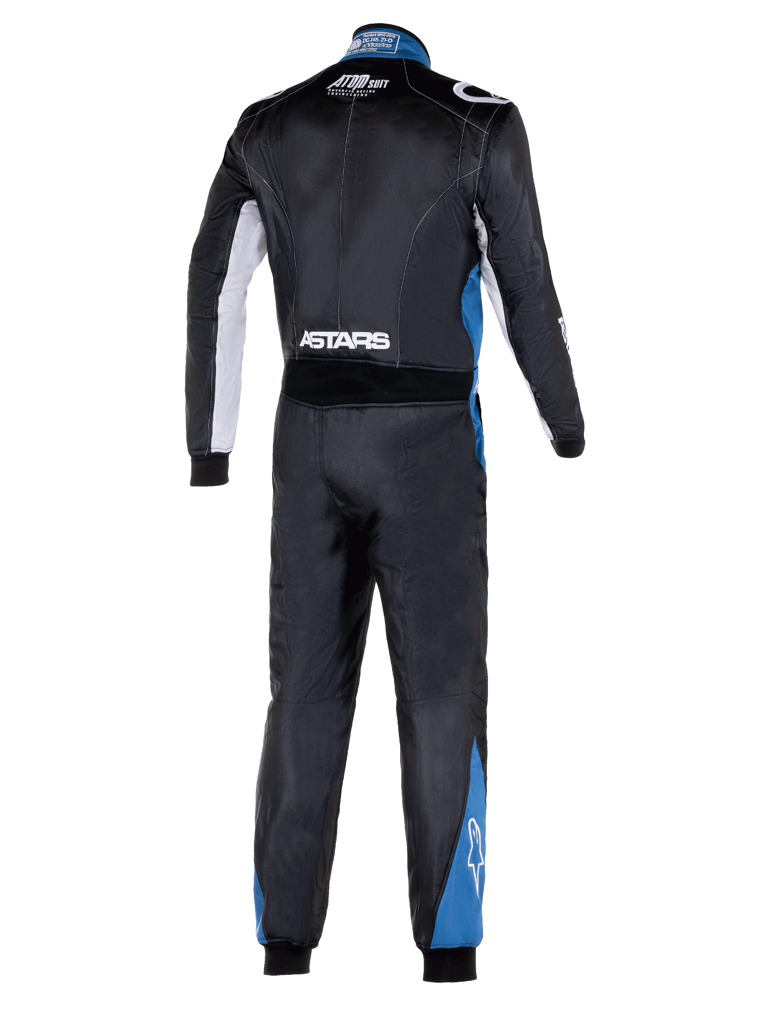 Alpinestars Atom Graphic 4 Suit, full-body back view of auto racing suit, Black with silver and blue accents, featuring white ASTARS branding on the waist and blue panels on legs, professional FIA-certified motorsport protective clothing