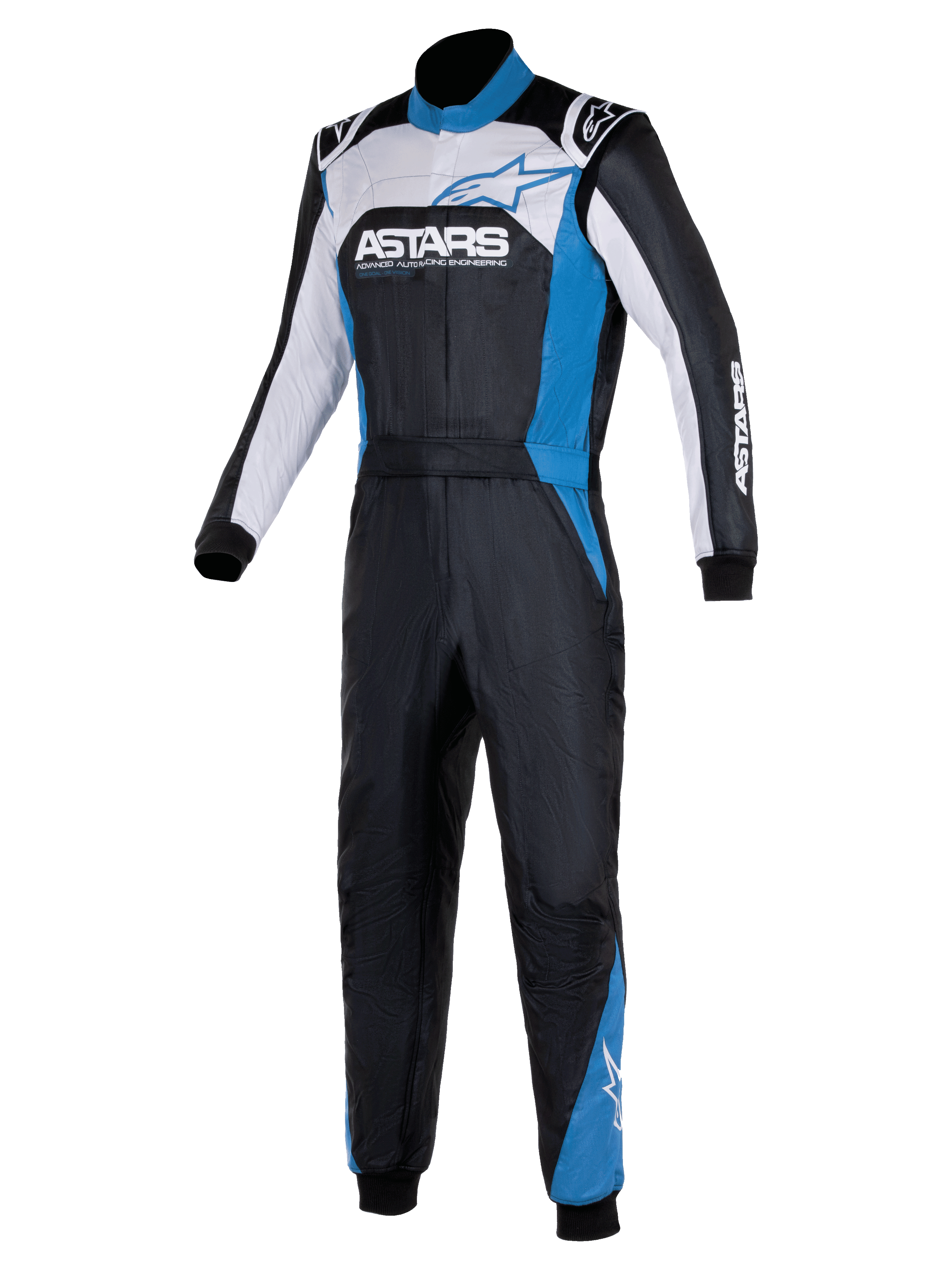 Alpinestars Atom Graphic 4 Suit, eendelig autoracepak, zwart, zilver en blauw, met opvallende ASTARS-branding op de borst, witte en blauwe panelen, hoge kraag en geribbelde manchetten, professionele beschermende kleding voor de autosport