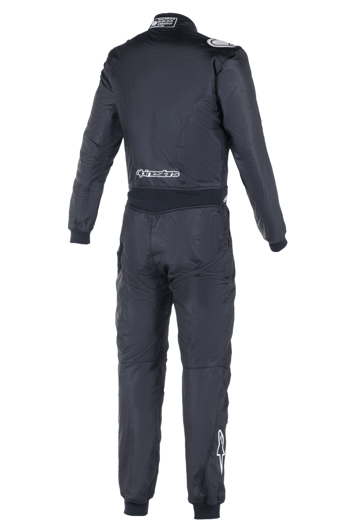 Alpinestars Atom FIA-pak, autoracepak, achteraanzicht in het zwart, met witte Alpinestars-branding op de onderrug en rechterkuit, FIA-homologatielabel op de kraag, gestroomlijnde eendelige textielconstructie voor professionele autosportveiligheid
