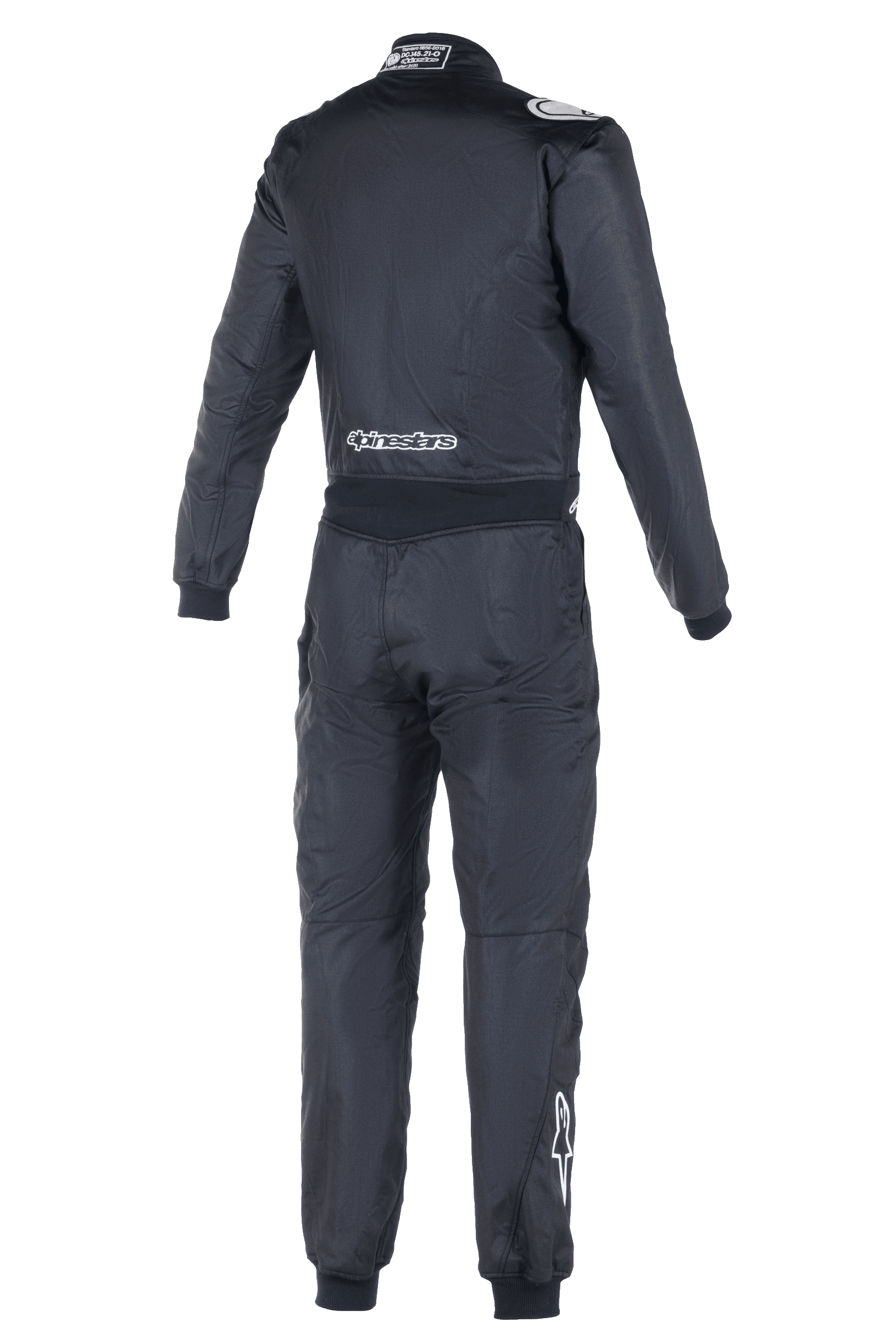 Alpinestars Atom FIA Suit, Auto Racing Suit, Rear View in Black, featuring white Alpinestars branding on the lower back and right calf, FIA homologation label on the collar, sleek one-piece textile construction for professional motorsport safety