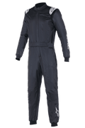Alpinestars Atom FIA Suit, Black Auto Racing Suit, one-piece design featuring white Alpinestars logos on shoulders and left leg, high collar with ribbed cuffs and waist belt, professional motorsport and racing apparel