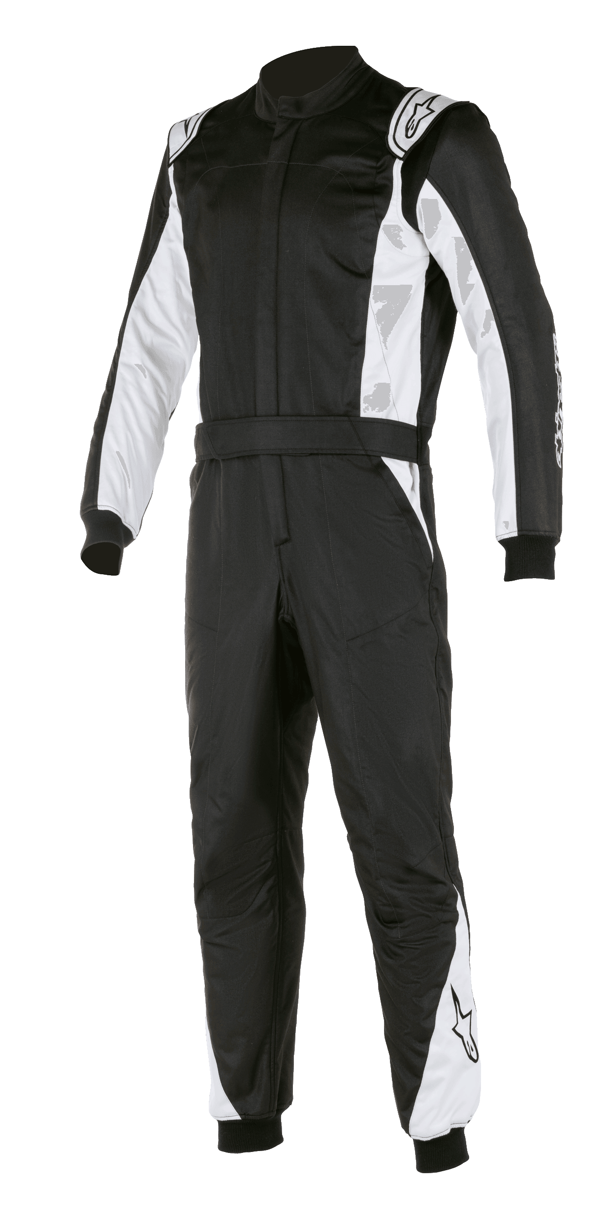 Alpinestars Atom FIA racepak, autoracepak, zwart en zilver, voorzien van witte panelen op de mouwen en pijpen, schouderepauletten, tailleband en geribbelde manchetten, professioneel FIA-gecertificeerd motorsportontwerp