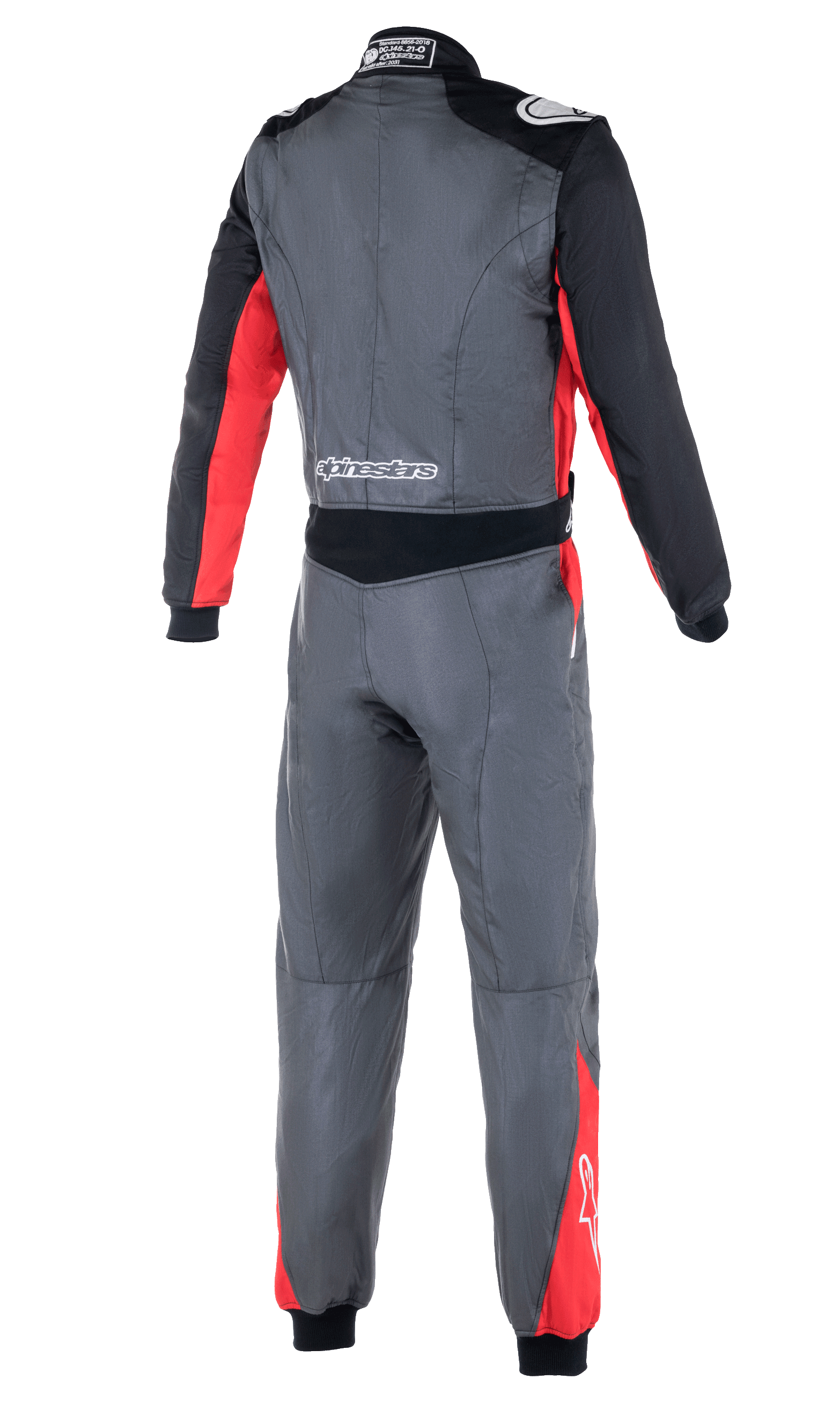 Alpinestars Atom FIA Suit, Auto Racing Suit, Anthracite Red and Black, back view showing stretch waist panels, shoulder epaulettes, and Alpinestars branding on the lower back and shoulders.