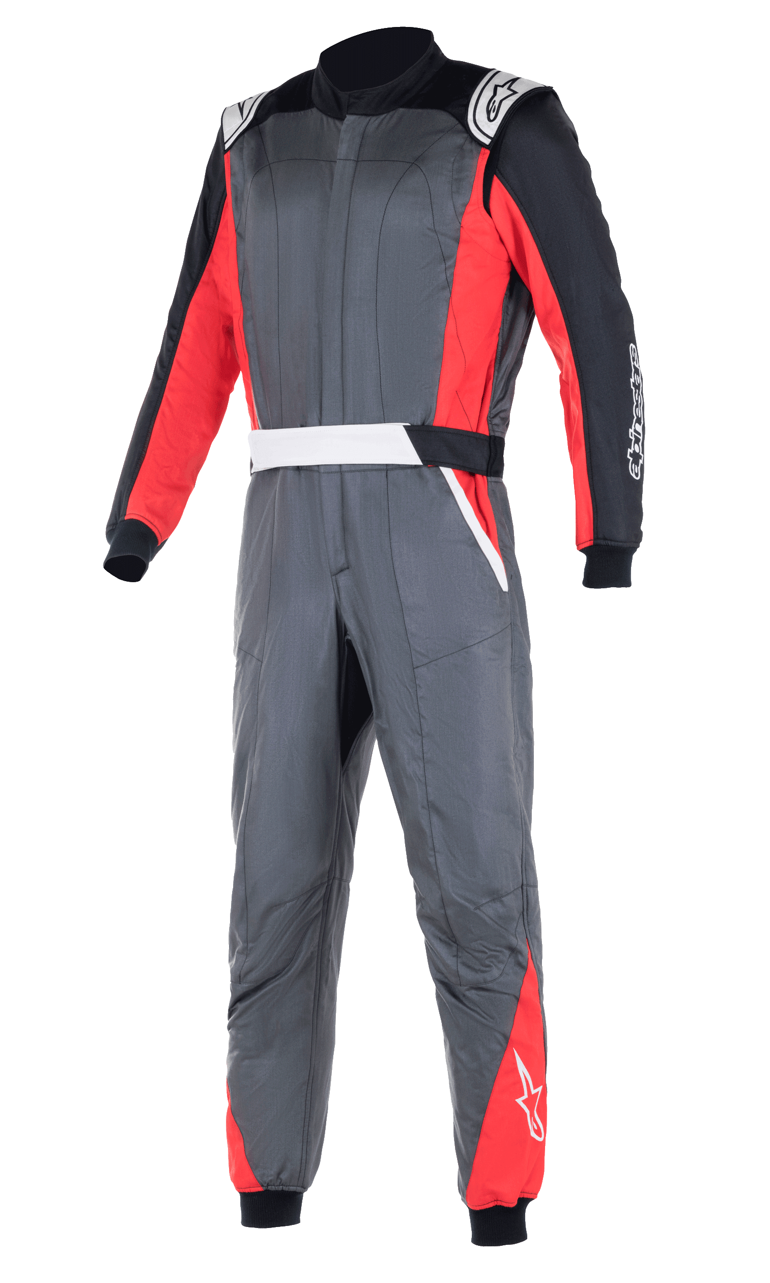 Alpinestars Atom FIA racepak, professioneel autoracingpak, antracietgrijs met rode en zwarte panelen, witte schouderepauletten en logo-branding, tweelaagse constructie voor bescherming tegen hitte en vlammen