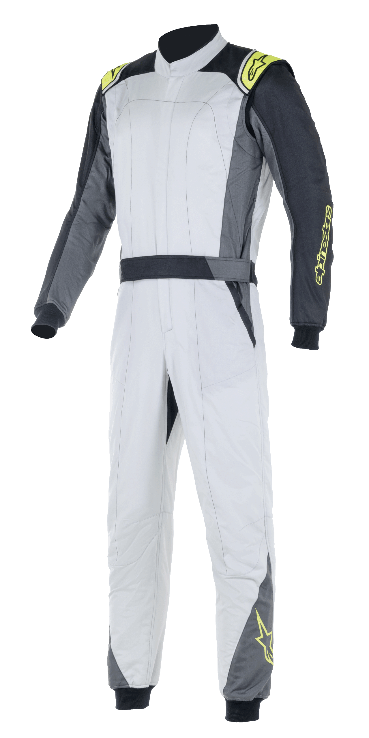Alpinestars Atom FIA Suit, autoracepak, zilver en antraciet met fluogele accenten, eendelig ontwerp met een hoge kraag en elastische manchetten, professionele beschermende kleding voor de autosport