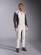Alpinestars KMX-5 V3 Suit, White Black and Bright Red, one-piece karting suit worn with matching white and red gloves and black racing shoes, featuring black sleeves and bold red accents, professional motorsport gear for competitive karting